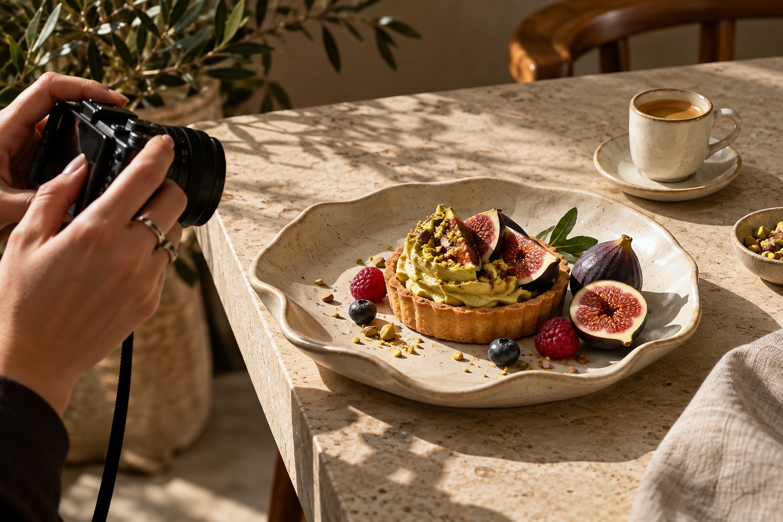 KI-generierte Food-Studie: Eine Tarte wird im Café fotografiert.